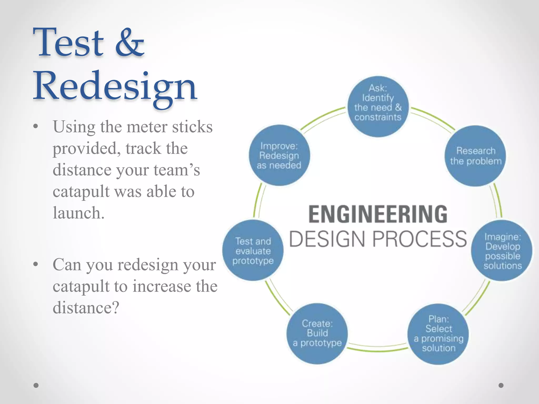 Test &
Redesign
• Using the meter sticks
provided, track the
distance your team’s
catapult was able to
launch.
• Can you redesign your
catapult to increase the
distance?
 
