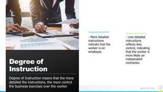 NAME OR LOGO
Degree of
Instruction
Degree of Instruction means that the more
detailed the instructions, the more control
the business exercises over the worker
- More detailed
instructions
indicate that the
worker is an
employee.
- Less detailed
instructions
reflects less
control, indicating
that the worker is
more likely an
independent
contractor.
7
 