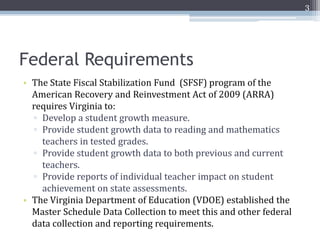 3




Federal Requirements
• The State Fiscal Stabilization Fund (SFSF) program of the
  American Recovery and Reinvestment Act of 2009 (ARRA)
  requires Virginia to:
  ▫ Develop a student growth measure.
  ▫ Provide student growth data to reading and mathematics
    teachers in tested grades.
  ▫ Provide student growth data to both previous and current
    teachers.
  ▫ Provide reports of individual teacher impact on student
    achievement on state assessments.
• The Virginia Department of Education (VDOE) established the
  Master Schedule Data Collection to meet this and other federal
  data collection and reporting requirements.
 