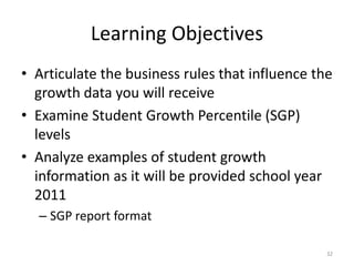 Learning Objectives
• Articulate the business rules that influence the
  growth data you will receive
• Examine Student Growth Percentile (SGP)
  levels
• Analyze examples of student growth
  information as it will be provided school year
  2011
  – SGP report format

                                                 32
 
