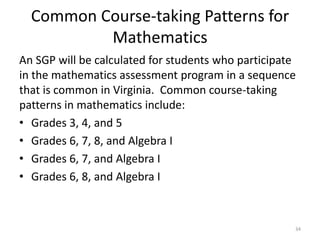 Common Course-taking Patterns for
          Mathematics
An SGP will be calculated for students who participate
in the mathematics assessment program in a sequence
that is common in Virginia. Common course-taking
patterns in mathematics include:
• Grades 3, 4, and 5
• Grades 6, 7, 8, and Algebra I
• Grades 6, 7, and Algebra I
• Grades 6, 8, and Algebra I



                                                     34
 