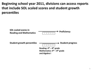 Beginning school year 2011, divisions can access reports
that include SOL scaled scores and student growth
percentiles



     SOL scaled scores in
                                                        Proficiency
     Reading and Mathematics



     Student growth percentiles                          Student progress

                                  Reading: 4th – 8th grade
                                  Mathematics: 4th – 8th grade
                                  and Algebra I




                                                                            9
 