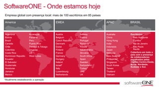 SoftwareONE - Onde estamos hoje 
Empresa global com presença local: mais de 100 escritórios em 85 paises 
America EMEA APA...