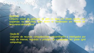 O que é nuvem? 
Opção A) 
Conjunto visível de partículas de gelo ou água em estado líquido, em 
suspensão na atmosfera, ap...