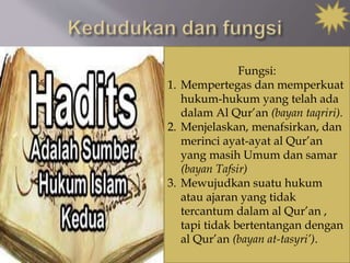 Fungsi:
1. Mempertegas dan memperkuat
hukum-hukum yang telah ada
dalam Al Qur’an (bayan taqriri).
2. Menjelaskan, menafsirkan, dan
merinci ayat-ayat al Qur’an
yang masih Umum dan samar
(bayan Tafsir)
3. Mewujudkan suatu hukum
atau ajaran yang tidak
tercantum dalam al Qur’an ,
tapi tidak bertentangan dengan
al Qur’an (bayan at-tasyri’).
 