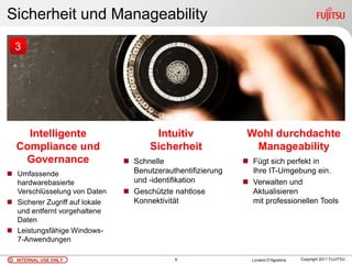 Sicherheit und Manageability
  3




    Intelligente                        Intuitiv               Wohl durchdachte
  Compliance und                       Sicherheit               Manageability
   Governance                    Schnelle                     Fügt sich perfekt in
 Umfassende                      Benutzerauthentifizierung     Ihre IT-Umgebung ein.
  hardwarebasierte                und -identifikation          Verwalten und
  Verschlüsselung von Daten      Geschützte nahtlose           Aktualisieren
 Sicherer Zugriff auf lokale     Konnektivität                 mit professionellen Tools
  und entfernt vorgehaltene
  Daten
 Leistungsfähige Windows-
  7-Anwendungen

  INTERNAL USE ONLY                           9                 Luciano D’Agostina   Copyright 2011 FUJITSU
 