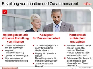 Erstellung von Inhalten und Zusammenarbeit

  2




 Reibungslose und                    Konzipiert                      Harmonisch
effiziente Erstellung           für Zusammenarbeit                   auffrischen
     von Inhalten                                                    und zeigen
 Erstellen Sie Inhalte mit      10,1-Zoll-Display mit 400    Markieren Sie Dokumente
  dem Stift oder Finger.          cd/m² für den Innen-          wie auf Papier, aber
 Integrierte                     /Außeneinsatz                 tauschen Sie diese
  Handschrifterkennung           Display mit besonders         weltweit auf elektronische
 Optimiert für Fingereingabe     großem                        Weise und sofort aus.
 Bildschirmtastatur mit          Betrachtungswinkel für       Präsentieren Sie diese mit
  intelligenter Texterkennung     Mehrbenutzersitzungen         einem Projektor oder
                                 Zwei Kameras und              einem externen Display
                                  Bluetooth                     über HDMI.
  INTERNAL USE ONLY                                             Luciano D’Agostina   Copyright 2011 FUJITSU
 