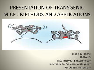 PRESENTATION OF TRANSGENIC
MICE : METHODS AND APPLICATIONS
Made by- Teena
Roll no-5
Msc final year Biotechnology
Submitted to-Professor Anita yadav
Kurukshetra university
 