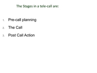 The Stages in a tele-call are:
1. Pre-call planning
2. The Call
3. Post Call Action
 