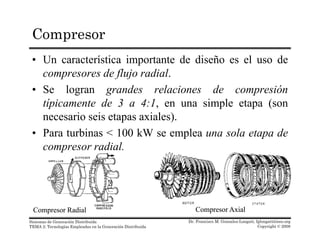 Compresor
• Un característica importante de diseño es el uso de
compresores de flujo radial.compresores de flujo radial.
• Se logran grandes relaciones de compresión
típicamente de 3 a 4:1, en una simple etapa (sonp , p p (
necesario seis etapas axiales).
• Para turbinas < 100 kW se emplea una sola etapa de
compresor radial.
Dr. Francisco M. Gonzalez-Longatt, fglongatt@ieee.org
Copyright © 2008
Sistemas de Generación Distribuida
TEMA 2: Tecnologías Empleadas en la Generación Distribuida
Compresor AxialCompresor AxialCompresor RadialCompresor Radial
 