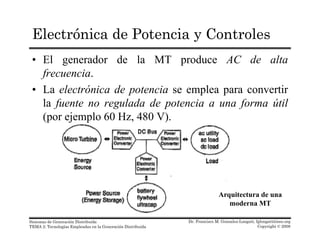 Electrónica de Potencia y Controles
• El generador de la MT produce AC de alta
frecuencia.frecuencia.
• La electrónica de potencia se emplea para convertir
la fuente no regulada de potencia a una forma útilf g p f
(por ejemplo 60 Hz, 480 V).
Arquitectura de una
d MT
Dr. Francisco M. Gonzalez-Longatt, fglongatt@ieee.org
Copyright © 2008
Sistemas de Generación Distribuida
TEMA 2: Tecnologías Empleadas en la Generación Distribuida
moderna MT
 