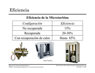 Eficiencia
Eficiencia de la Microturbina
C fi ió Efi i iConfiguración Eficiencia
No recuperada 15%
Recuperada 20-30%
Con recuperación de calor Hasta 85%
Dr. Francisco M. Gonzalez-Longatt, fglongatt@ieee.org
Copyright © 2008
Sistemas de Generación Distribuida
TEMA 2: Tecnologías Empleadas en la Generación Distribuida
DtechDtech TurbinesTurbines
 