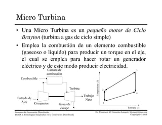 Micro Turbina
• Una Micro Turbina es un pequeño motor de Ciclo
Brayton (turbina a gas de ciclo simple)Brayton (turbina a gas de ciclo simple)
• Emplea la combustión de un elemento combustible
(gaseoso o líquido) para producir un torque en el eje,(g q ) p p q j ,
el cual se emplea para hacer rotar un generador
eléctrico y de este modo producir electricidad.
ura(T)Temperatu
Dr. Francisco M. Gonzalez-Longatt, fglongatt@ieee.org
Copyright © 2008
Sistemas de Generación Distribuida
TEMA 2: Tecnologías Empleadas en la Generación Distribuida
 