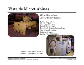 Vista de Microturbinas
IT250 Microturbine:
250 kw Infinity Turbine
Turbine Size: 250 kw
Flow Rate: 500+ gpm
Temp Diff:125+ deg F
Type: ORC - Organic Rankine CycleType: ORC Organic Rankine Cycle
Skid Mounted: Modular
Delivery: 11 weeks
Turbine Price: 300.000 US$
Capstone C30: $24,000 - $39,000
Dr. Francisco M. Gonzalez-Longatt, fglongatt@ieee.org
Copyright © 2008
Sistemas de Generación Distribuida
TEMA 2: Tecnologías Empleadas en la Generación Distribuida
Capstone C60: $48,000 -$78,000
 