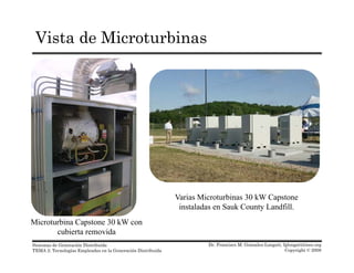 Vista de Microturbinas
Microturbina Capstone 30 kW con
Varias Microturbinas 30 kW Capstone
instaladas en Sauk County Landfill.
Dr. Francisco M. Gonzalez-Longatt, fglongatt@ieee.org
Copyright © 2008
Sistemas de Generación Distribuida
TEMA 2: Tecnologías Empleadas en la Generación Distribuida
Microturbina Capstone 30 kW con
cubierta removida
 