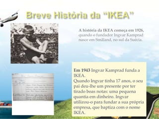 Breve História da “IKEA”A história da IKEA começa em 1926, quando o fundador IngvarKamprad nasce em Småland, no sul da Suécia.Em 1943 IngvarKamprad funda a IKEA.Quando Ingvar tinha 17 anos, o seu pai deu-lhe um presente por ter tirado boas notas: uma pequena quantia em dinheiro. Ingvar utilizou-o para fundar a sua própria empresa, que baptiza com o nome IKEA.