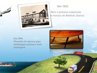 Em 1953 Abre a primeira exposição                                                          de móveis de Älmhult, SuéciaEm 1956 Desenho de móveis para embalagens planas e auto-montagem 