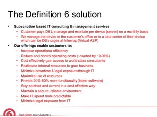 The Definition 6 solution Subscription based IT consulting & management services Customer pays D6 to manage and maintain per device (server) on a monthly basis We manage the device in the customer’s office or in a data center of their choice which can be D6’s cages at Internap (Virtual ASP) Our offerings enable customers to: Increase operational efficiency Reduce and control operating costs (Lowered by 10-30%) Cost effectively gain access to world-class consultants Reallocate internal resources to grow business Minimize downtime & legal exposure through IT Maximize use of resources Provide 30%-60% more functionality (latest software) Stay patched and current in a cost-effective way Maintain a secure, reliable environment Make IT spend more predictable Minimize legal exposure from IT 