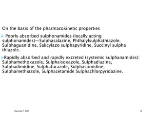 December 7, 2020 13
On the basis of the pharmacokinetic properties
 Poorly absorbed sulphonamides (locally acting
sulphonamides)—Sulphasalazine, Phthalylsulphathiazole,
Sulphaguanidine, Salicylazo sulphapyridine, Succinyl sulpha
thiazole.
Rapidly absorbed and rapidly excreted (systemic sulphanamides):
Sulphamethoxazole, Sulphaisoxazole, Sulphadiazine,
Sulphadimidine, Sulphafurazole, Sulphasomidine,
Sulphamethiazole, Sulphacetamide Sulphachlorpyridazine.
 