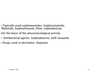 December 7, 2020 14
Topically used sulphonamides: Sulphacetamide,
Mafenide, Sulphathiazole, Silver sulphadiazine.
On the basis of the pharamacological activity
 Antibacterial agents: Sulphadiazine, Sulfi soxazole.
Drugs used in dermatitis: Dapsone.
 