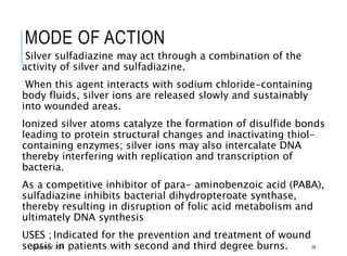 MODE OF ACTION
Silver sulfadiazine may act through a combination of the
activity of silver and sulfadiazine.
When this agent interacts with sodium chloride-containing
body fluids, silver ions are released slowly and sustainably
into wounded areas.
Ionized silver atoms catalyze the formation of disulfide bonds
leading to protein structural changes and inactivating thiol-
containing enzymes; silver ions may also intercalate DNA
thereby interfering with replication and transcription of
bacteria.
As a competitive inhibitor of para- aminobenzoic acid (PABA),
sulfadiazine inhibits bacterial dihydropteroate synthase,
thereby resulting in disruption of folic acid metabolism and
ultimately DNA synthesis
USES ; Indicated for the prevention and treatment of wound
sepsis in patients with second and third degree burns.December 7, 2020 28
 
