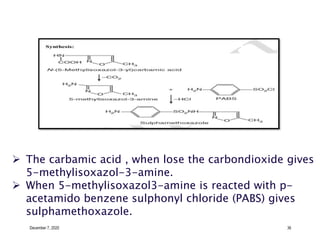 December 7, 2020 36
 The carbamic acid , when lose the carbondioxide gives
5-methylisoxazol-3-amine.
 When 5-methylisoxazol3-amine is reacted with p-
acetamido benzene sulphonyl chloride (PABS) gives
sulphamethoxazole.
 