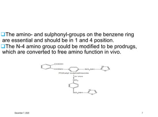 December 7, 2020 7
The amino- and sulphonyl-groups on the benzene ring
are essential and should be in 1 and 4 position.
The N-4 amino group could be modified to be prodrugs,
which are converted to free amino function in vivo.
 
