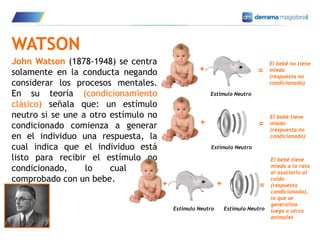 8
WATSON
John Watson (1878-1948) se centra
solamente en la conducta negando
considerar los procesos mentales.
En su teoría (condicionamiento
clásico) señala que: un estímulo
neutro si se une a otro estímulo no
condicionado comienza a generar
en el individuo una respuesta, la
cual indica que el individuo está
listo para recibir el estímulo no
condicionado, lo cual fue
comprobado con un bebe.
Estímulo Neutro
=
El bebé no tiene
miedo
(respuesta no
condicionada)
+
Estímulo Neutro
=
El bebé tiene
miedo
(respuesta no
condicionada)
+
Estímulo Neutro
+
Estímulo Neutro
+ =
El bebé tiene
miedo a la rata
al asociarlo al
ruido
(respuesta
condicionada),
lo que se
generaliza
luego a otros
animales
 