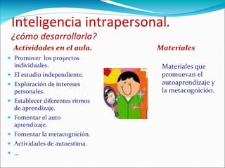 Inteligencia intrapersonal.
¿cómo desarrollarla?
Actividades en el aula.
 Promover los proyectos
individuales.
 El estudio independiente.
 Exploración de intereses
personales.
 Establecer diferentes ritmos
de aprendizaje.
 Fomentar el auto
aprendizaje.
 Fomentar la metacognición.
 Actividades de autoestima.
 …
Materiales
Materiales que
promuevan el
autoaprendizaje y
la metacognición.
 