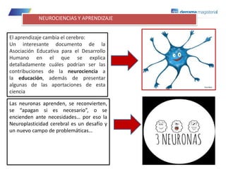 El aprendizaje cambia el cerebro:
Un interesante documento de la
Asociación Educativa para el Desarrollo
Humano en el que se explica
detalladamente cuáles podrían ser las
contribuciones de la neurociencia a
la educación, además de presentar
algunas de las aportaciones de esta
ciencia
Las neuronas aprenden, se reconvierten,
se “apagan si es necesario”, o se
encienden ante necesidades… por eso la
Neuroplasticidad cerebral es un desafío y
un nuevo campo de problemáticas…
NEUROCIENCIAS Y APRENDIZAJE
 