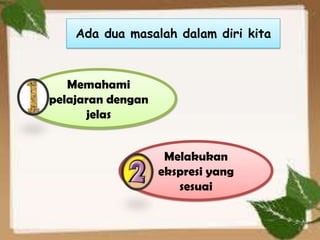 Ada dua masalah dalam diri kita



   Memahami
pelajaran dengan
      jelas


                    Melakukan
                   ekspresi yang
                      sesuai


                                      8
 
