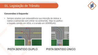 01. Legislação de Trânsito
Conversões à Esquerda
• Sempre sinalize com antecedência sua intenção de dobrar e
realize a conversão sem entrar na contramão. Veja no gráfico
o traçado correto em AZUL e o errado em VERMELHO.
 