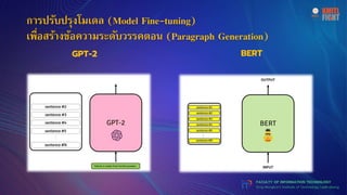 King Mongkut’s Institute of Technology Ladkrabang
FACULTY OF INFORMATION TECHNOLOGY
การปรับปรุงโมเดล (Model Fine-tuning)
เพื่อสร้างข้อความระดับวรรคตอน (Paragraph Generation)
BERT
GPT-2
 
