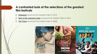A contrasted look at the selections of the greatest
film festivals
Dheepan received the Golden Palm in 2015
Blue is the warmest color received the Golden Palm in 2013
The Class received the Golden Palm in 2008
 