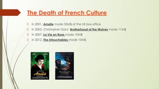 The Death of French Culture
In 2001, Amelie made 33M$ at the US box-office
In 2002, Christopher Gans’ Brotherhood of the Wolves made 11M$
In 2007, La Vie en Rose made 10M$
In 2012, The Intouchables made 10M$
 