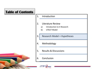 1. Introduction
2. Literature Review
a) Introduction to E-Research
b) UTAUT Model
3. Research Model + Hypotheses
4. Methodology
5. Results & Discussions
6. Conclusion
Table of ContentsTable of Contents
 