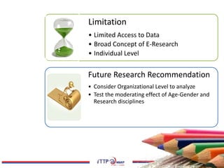 Limitation
• Limited Access to Data
• Broad Concept of E-Research
• Individual Level
Future Research Recommendation
• Consider Organizational Level to analyze
• Test the moderating effect of Age-Gender and
Research disciplines
 