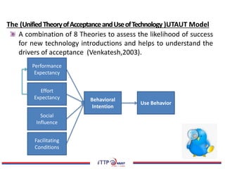 The (UnifiedTheoryofAcceptanceandUseofTechnology )UTAUT Model
A combination of 8 Theories to assess the likelihood of success
for new technology introductions and helps to understand the
drivers of acceptance (Venkatesh,2003).
Performance
Expectancy
Effort
Expectancy
Social
Influence
Facilitating
Conditions
Behavioral
Intention
Use Behavior
 