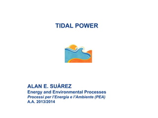 TIDAL POWER
ALAN E. SUÁREZ
Energy and Environmental Processes
Processi per l’Energia e l’Ambiente (PEA)
A.A. 2013/2014
 