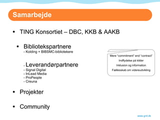 Samarbejde www.gnit.dk TING Konsortiet – DBC, KKB & AAKB Bibliotekspartnere - Kolding + BIBSMC-bibliotekere -  Leverandørpartnere - Signal Digital - InLead Media - ProPeople - Creuna Projekter Community Mere “commitment” end “contract” Indflydelse på kilder Inklusion og information Fællesskab om videreudvikling 