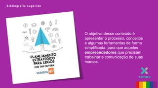 _ B i b l i o g r a f i a s u g e r i d a
O objetivo desse conteúdo é
apresentar o processo, conceitos
e algumas ferramentas de forma
simplificada, para que aqueles
empreendedores que precisam
trabalhar a comunicação de suas
marcas.
 