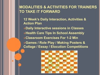 MODALITIES & ACTIVITIES FOR TRAINERS
TO TAKE IT FORWARD
12 Week’s Daily Interaction, Activities &
Action Plan
Daily Interactive sessions in Classes
Health Care Tips In School Assembly
Classroom Exercises For 1-2 Min
Games / Role Play / Making Posters &
Collage / Essay / Elocution Competitions
 