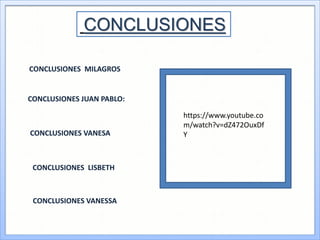 CONCLUSIONES
CONCLUSIONES JUAN PABLO:
CONCLUSIONES VANESA
CONCLUSIONES MILAGROS
CONCLUSIONES LISBETH
CONCLUSIONES VANESSA
https://www.youtube.co
m/watch?v=dZ472OuxDf
Y
 