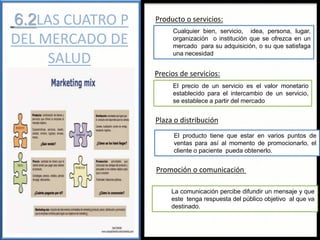 6.2LAS CUATRO P
DEL MERCADO DE
SALUD
Producto o servicios:
Precios de servicios:
Plaza o distribución
Promoción o comunicación
Cualquier bien, servicio, idea, persona, lugar,
organización o institución que se ofrezca en un
mercado para su adquisición, o su que satisfaga
una necesidad
El precio de un servicio es el valor monetario
establecido para el intercambio de un servicio,
se establece a partir del mercado
El producto tiene que estar en varios puntos de
ventas para así al momento de promocionarlo, el
cliente o paciente pueda obtenerlo.
La comunicación percibe difundir un mensaje y que
este tenga respuesta del público objetivo al que va
destinado.
 