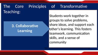 https://blog.innerdrive.co.uk/20-principles-teaching-learning
The Core Principles of Transformative
Teaching:
Students work together in
groups to solve problems,
share ideas, and support each
other's learning. This fosters
teamwork, communication
skills, and a sense of
community
3. Collaborative
Learning
 