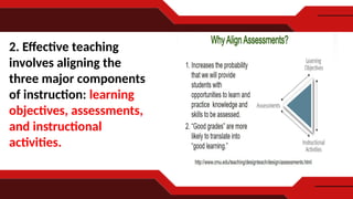2. Effective teaching
involves aligning the
three major components
of instruction: learning
objectives, assessments,
and instructional
activities.
 