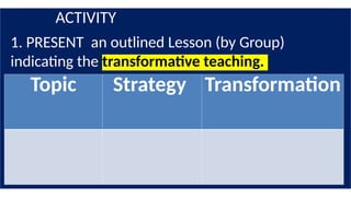 ACTIVITY
1. PRESENT an outlined Lesson (by Group)
indicating the transformative teaching.
Topic Strategy Transformation
 