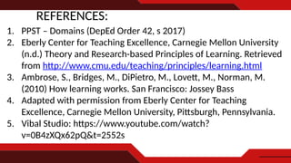REFERENCES:
1. PPST – Domains (DepEd Order 42, s 2017)
2. Eberly Center for Teaching Excellence, Carnegie Mellon University
(n.d.) Theory and Research-based Principles of Learning. Retrieved
from http://www.cmu.edu/teaching/principles/learning.html
3. Ambrose, S., Bridges, M., DiPietro, M., Lovett, M., Norman, M.
(2010) How learning works. San Francisco: Jossey Bass
4. Adapted with permission from Eberly Center for Teaching
Excellence, Carnegie Mellon University, Pittsburgh, Pennsylvania.
5. Vibal Studio: https://www.youtube.com/watch?
v=0B4zXQx62pQ&t=2552s
 