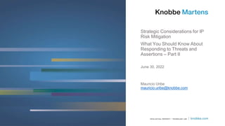 Strategic Considerations for IP
Risk Mitigation
What You Should Know About
Responding to Threats and
Assertions – Part II
June 30, 2022
Mauricio Uribe
mauricio.uribe@knobbe.com
 