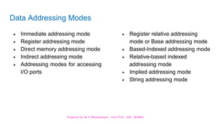 Prepared by M.V.Bhuvaneswari, Asst.Prof, CSE, MVGRA
Data Addressing Modes
● Immediate addressing mode
● Register addressing mode
● Direct memory addressing mode
● Indirect addressing mode
● Addressing modes for accessing
I/O ports
● Register relative addressing
mode or Base addressing mode
● Based-Indexed addressing mode
● Relative-based indexed
addressing mode
● Implied addressing mode
● String addressing mode
 